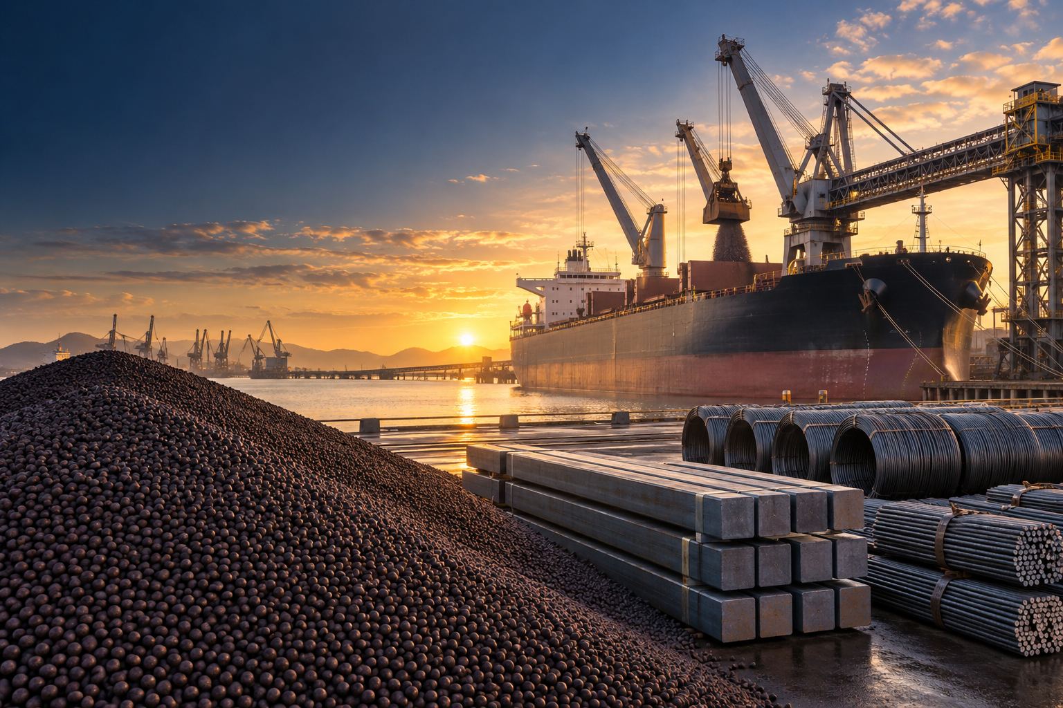 Bulk carrier loading at a port at sunset, with iron ore pellets, steel billets and wire rod coils on the quay (illustrative)