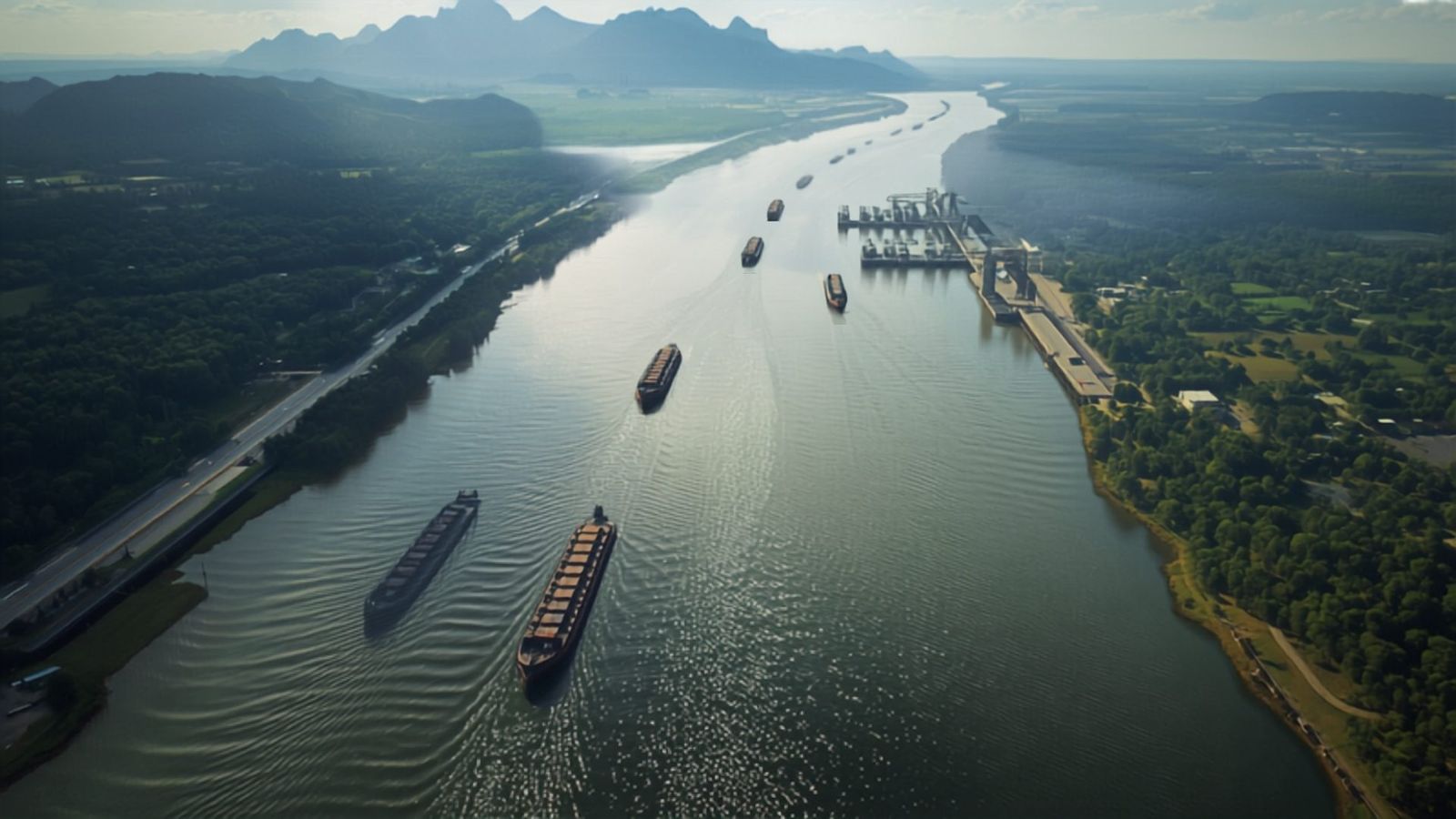Aerial view of a wide tropical river with cargo barges and an industrial river port (illustrative)